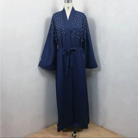 Abayas Muslim Women Kimono Black Abaya Robe Turkish Dress Kaftan Navy Blue - Picture 1 of 6